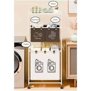 3-Layer Rolling Laundry Hamper Dirty Clothes Storage Cart Portable Oxford Fabric Bag with Sturdy Steel Frame with Wheels (W55 x D25 x H120)cm / (W21.7 x D9.8 x H47.2)inch
