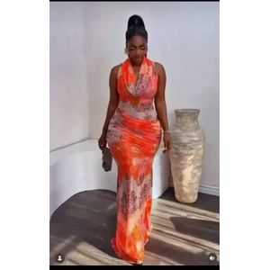 Vibrant Sunset Elegance Cowl Neck Ruched Maxi Dress