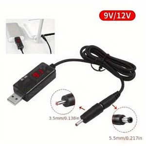 Universal USB 5V to 9V/12V DC Step-Up Boost Adapter Cable with LED Display & Dual Tip Adapter (5.5x2.1mm & 3.5x1.35mm) – Adjustable Voltage Router Backup Power Cable