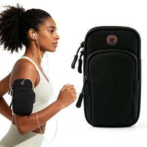 Waterproof Running Armband Phone Holder, Adjustable Sports Armband with Dual Pockets for Keys Cards, Sweatproof Phone Arm Bag for Jogging Gym Workout