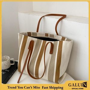 GALUIN Cozy Caramel Stripe Canvas Carryall, Tan Leather Straps All-season Ladies Bag