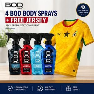 Bod Ultimate Freshness Bundle Body Sprays  X4 + FREE  Ghana Jersey