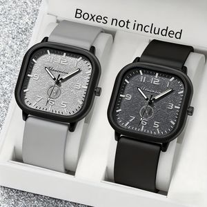 Stylish Minimalist Square Silicone Strap Quartz Couple Watches for Women & Men, Alloy Case, Business Casual (2pcs/Set)