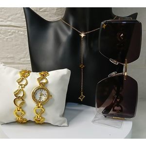 Glamorous Gold Heart & Star Fashion Accessory Set - Watch, Bracelets, Necklace & Sunglasses