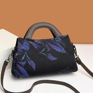 Elegant Women's Vintage Floral Print Satchel Top-Handle Handbag - Hand/Shoulder Bag - Black/ Blue
