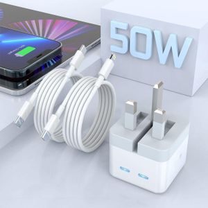 50W dual USB-C port power adapter with 2 a USB-C to Lightning charging cable