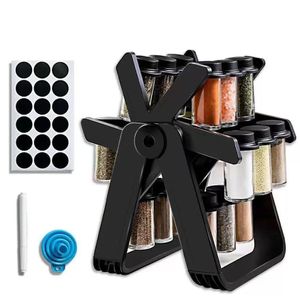 18-Jar Rotating Ferris Wheel Spice Rack Organizer Set – Countertop Revolving Spice Holder with Glass Jars, Chalkboard Labels, Marker & Silicone Funnel – Black