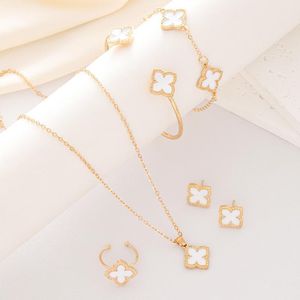 Four-leaf clover six-piece jewelry set - earrings, necklace, ring and bracelet - White