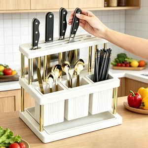 Multi-functional Kitchen Utensil Holder, Detachable Knife and Chopstick Organizer with Drainage Tray