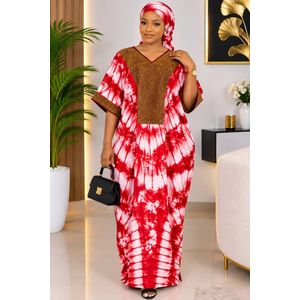 Kaftan Women’s African Print Dress – Red Tie-Dye with Gold Embellished Neckline