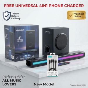 Tsaradia TS-6136 8-Inch HDMI Soundbar Speaker System with Subwoofer and Remote Control + Free Universal Charger