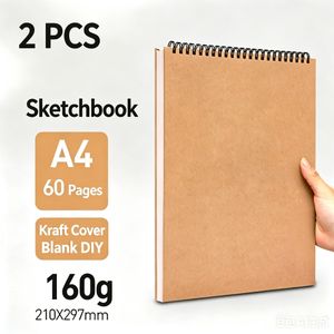 2 Pack A4 Blank Sketch Notebook Sketchbook , 60 Sheets 160GSM Thick Acid Free Paper, Brown Kraft DIY Cover Spiral Bound Drawing Pad for Kids, Artists, School, Painting & Drafting Notepad, Hand Drawn Picture Book, Drawing Book