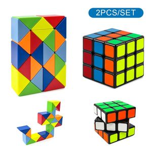 2 Pack Educational Puzzle Toy Set, 3x3 Smooth Speed Cube + 24 Section Rainbow Magic Ruler, ABS Fidget Toys with Tutorials, Brain Teaser Game Gift for Kids Teens