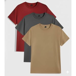 3PCS Unisex Wine Dark Grey Khakhi Brown Round Neck T-shirts 