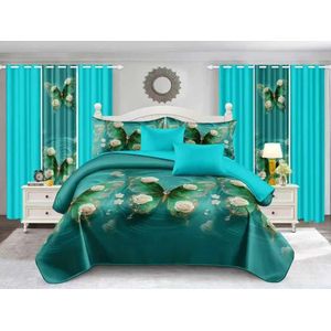 OMAMA HOME TEXTILE 10-Piece Floral Bedding & Curtain Set – 2 Bed Sheets, 4 Pillowcases & 4 Curtain Panels – Turquoise