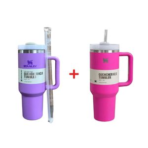 Powerful 2pcs Large 1200ml Vacuum Stainless Steel Stanley Cup New Modern High Value Dual Wall Metal Mug for Coffee Water Gifts Lid 40oz Back School - purple & Pink