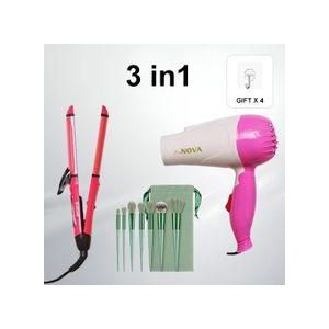 Kingnote 3 In 1 Hair Straightener And Curler With Hand Dryer - Pink+ Free Professional Hair Dryer+ 13Pcs Makeup Brush Set Offer free hanging hook