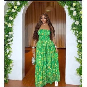 Strapless Floral Smocked Ruffle Maxi Dress - Green