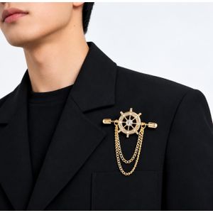Men's Gold Ship Wheel Brooch Pin with Chain – Elegant Suit & Blazer Lapel Pin