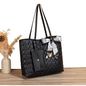 Women's Heart Quilted Leather Tote Bag Set – Large Shoulder Shopper Handbag with Printed Silk Scarf Accent & Hanging Pouch – Black
