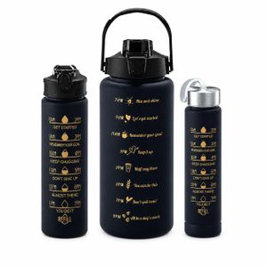 KITCHA 3PCS Motivational Water Bottle Set – 2L, 900ml & 300ml BPA-Free Sports Bottles with Time Marker, Straw and Leakproof Lids – Black