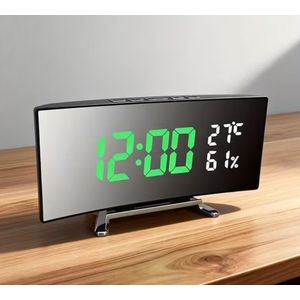 Digital Alarm Clock, LED Alarm Clock with Large Curved Screen, 3 Levels Brightness, 2 Alarms, Snooze, Bedside Clock with Temperature and Humidity Display, USB Power Supply(Green&White)