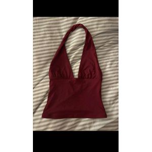 Women's Plunging V-Neck Backless Halter Top - Burgundy / Wine Red