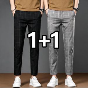 2pcs Men'S  Plaid Dress Pants,Light Business High-Elastic Summer Thin Plaid Trousers,Men's Casual Pants/Business formal pants - Black + Light Gray