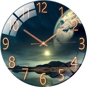 Luxury Silent Art Wall Clock-new home 12-inch (30CM) toughened glass wall clock Living Room Clock Bedroom Silent Quartz clock (Sunset by the sea)AA battery powered