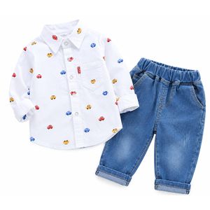 2-Piece Toddler Boys Clothing Set - Long Sleeve White Printed Button-Down Shirt & Denim Jeans Outfits - White / Denim