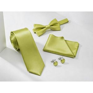 Men's 4-Piece Lemon Green Satin Formal Accessory Set – Necktie, Pre-Tied Bow Tie, Pocket Square & Cufflinks