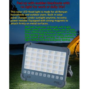Portable Solar LED Emergency Flood Light IP66 Waterproof Rechargeable Work Lamp with Carry Handle, 260 LEDs Multi Light Modes for Blackouts, Market Stalls, Camping, Car Repair & Night Fishing