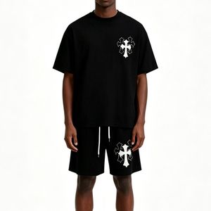 VEOUNDK Men's Print T-Shirt & Ice Silk Shorts 2-Piece Set - Black