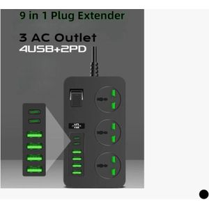 Universal 3-Way AC Power Strip Extension Socket with 6 USB Ports (4 USB-A + 2 USB-C) - Black