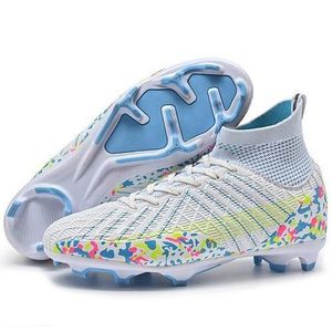 Men Soccer Shoes AG High Ankle Football Boots Men Sneakers - Blue/White