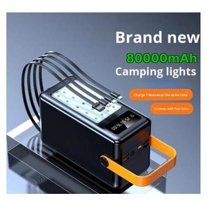 Powerful Brand New 80000mAh Power Bank - 22.5W Super Fast Charge 800000W + Camping Light + 4 Built-in Cables - Black