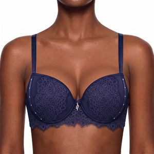 Binnys Fast-Selling Charming & Sparkling Dark Blue Bra,Rhinestone Chest Strap Bra,Full coverage, Fixed Cups & Underwire, Cocktail Parties, 38d bra size Adjustable Shoulder Strap, Women's Floral Lace Lingerie