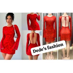 Stunning Red Backless Mesh Long-Sleeve Mini Dress