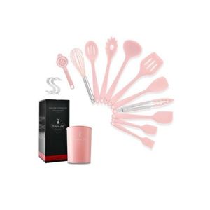 11Pcs Silicone Utensil Set Heat Resistant Non-stick Cookware Slotted Turner Spoon Ladle Pasta Fork Spatula Whisk Brush - Pink