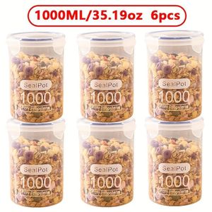 6pcs 1000ml/35oz Grain Sealable Jars with Lids, Transparent Plastic Storage Containers, Suitable for Kitchen Organization, Refrigerator Replacement Storage Boxes