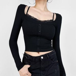Women's Long Sleeve Ribbed Crop Top - Black