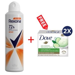Rexona SPRAY 200ML 72HRS SPORTS  WOMEN + Free Dove Bar Soap 25g