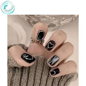 Flushrenic 24PCS Reusable Nail Set, Nail tips，Short and Long Pressing Nails, Female Artificial Acrylic Nails, Black Acrylic Nail Design, Adhesive Nails