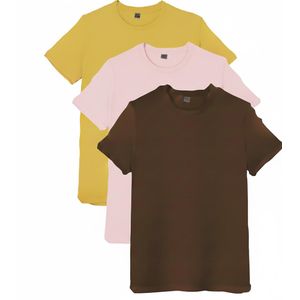3PCS Unisex Round Neck Pure Cotton Short-Sleeved T-shirt - 3 Pieces - Yellow / Baby Pink / Brown