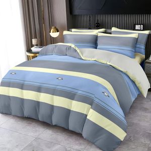 2 Super King Size Bedsheets and 4 Pillow Cases - Elegant Stripe Design Bedding Set – Grey, Blue & Soft Yellow 
