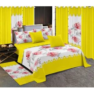 Bedding Collection Luxury King Size Bedding & Curtain Set – Complete Bedroom Decor Collection With Bedsheet Pillowcases Mustard Curtains Decorative Cushion & Floor Runner Rug - Perfect Beauty Set Room Decoration  