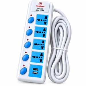 Universal Extension Board - 4-Way Power Socket Strip with 2 USB Charging Ports, Individual Switches, 2500W Max