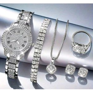 Quartz 6pcs Luxury Women’s Watch & Jewelry Set – Silver Analog Wristwatch with Bracelet, Necklace, Earrings & Ring