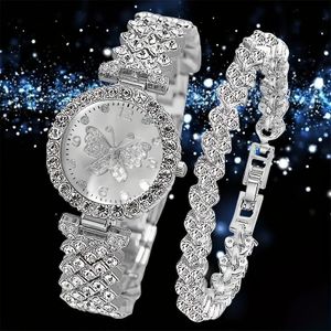 2pcs women's silver butterfly diamond-encrusted able and versatile steel strap quartz bracelet watch set