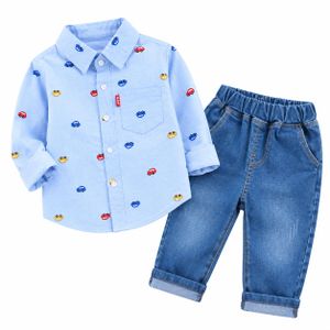 2-Piece Toddler Boys Clothing Set - Long Sleeve Light Blue Printed Button-Down Shirt & Denim Jeans Outfits - Light Blue / Denim